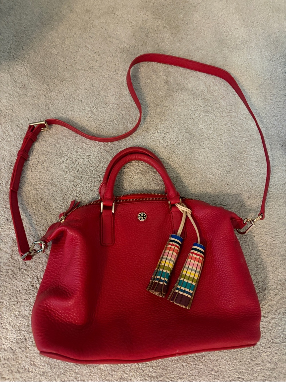 Tory Burch red leather crossbody with rainbow tassel